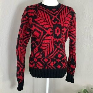 Ralph Lauren Vintage Hand Knit 100% Red & Black Print Crewneck Ski Sweater small